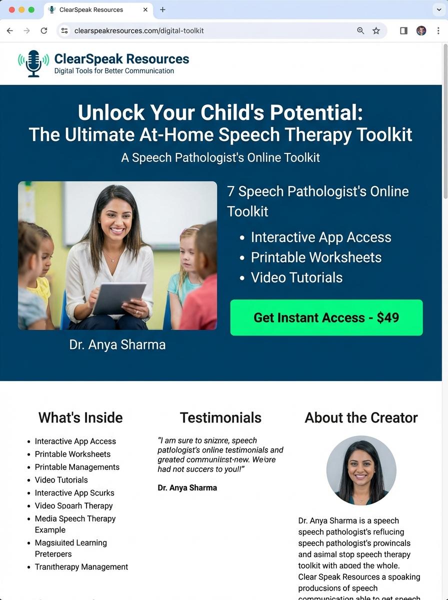 Landing page for digital product Speech pathologist