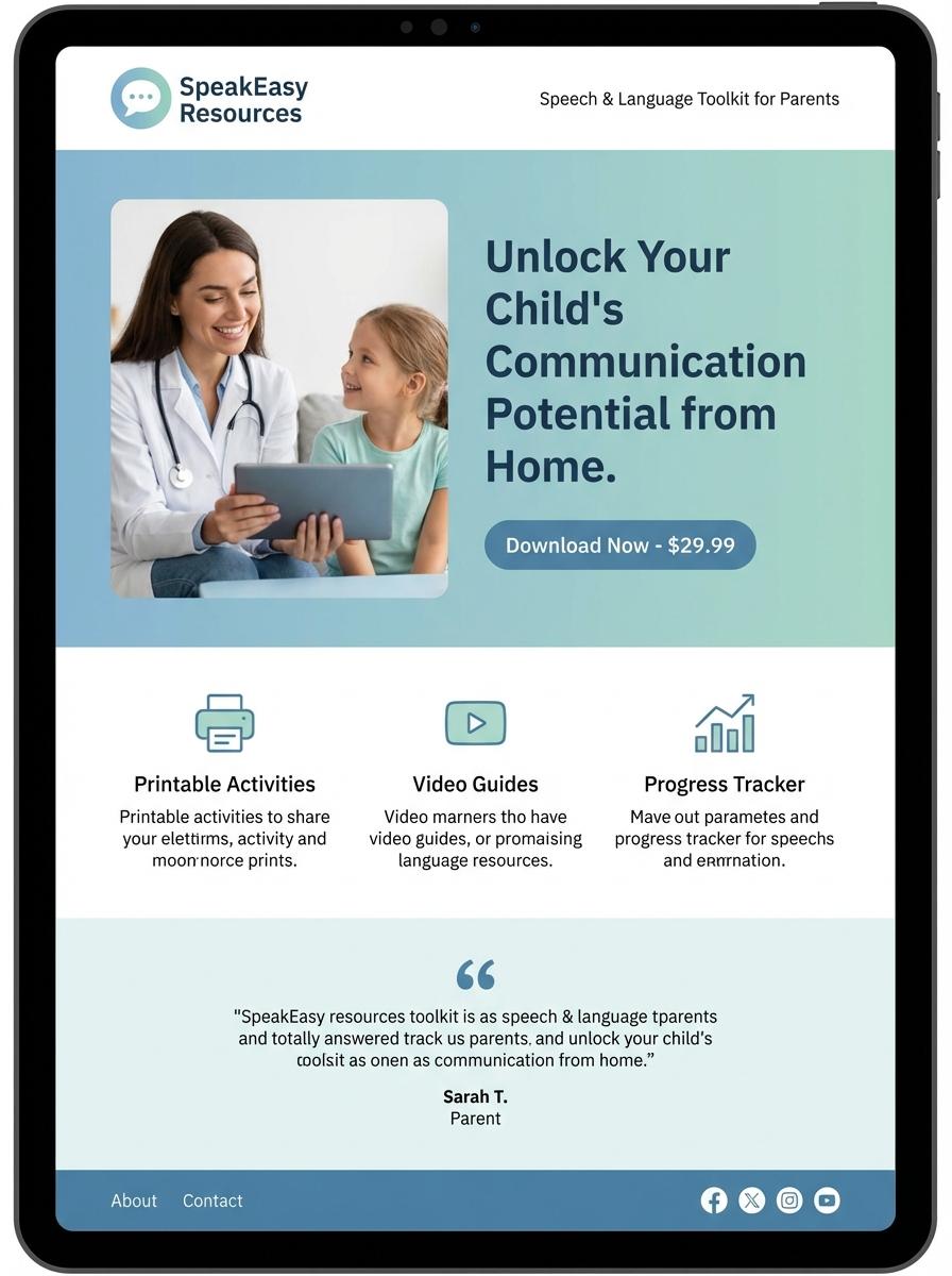 Landing page for digital product Speech therapist