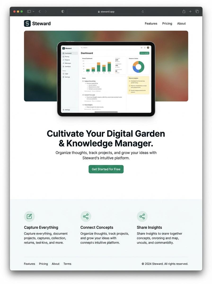 Landing page for digital product Steward