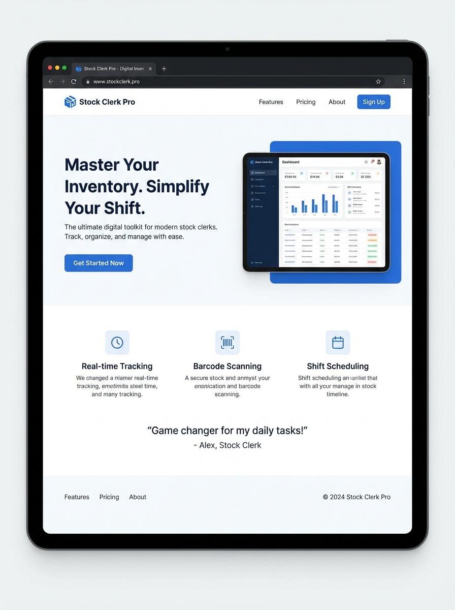 Landing page for digital product Stock clerk