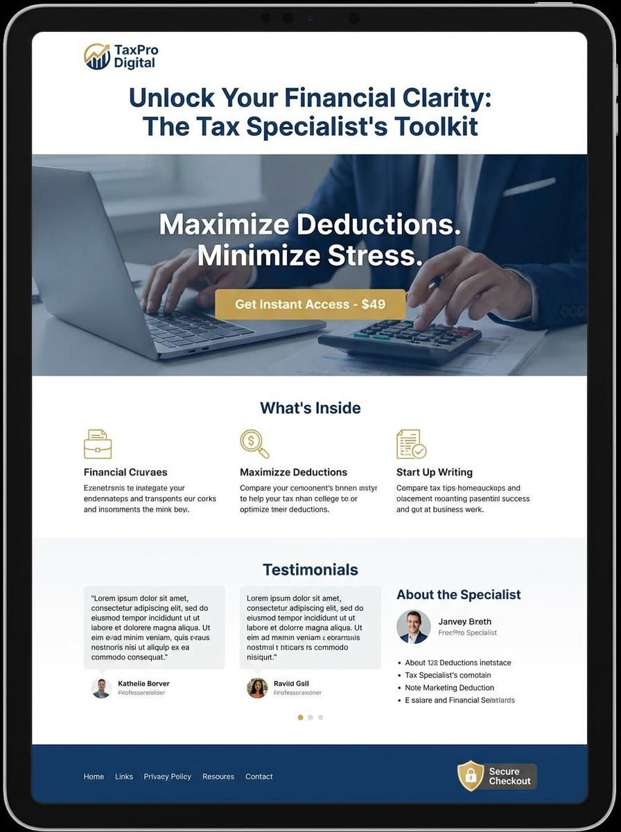 Landing page for digital product Tax specialist