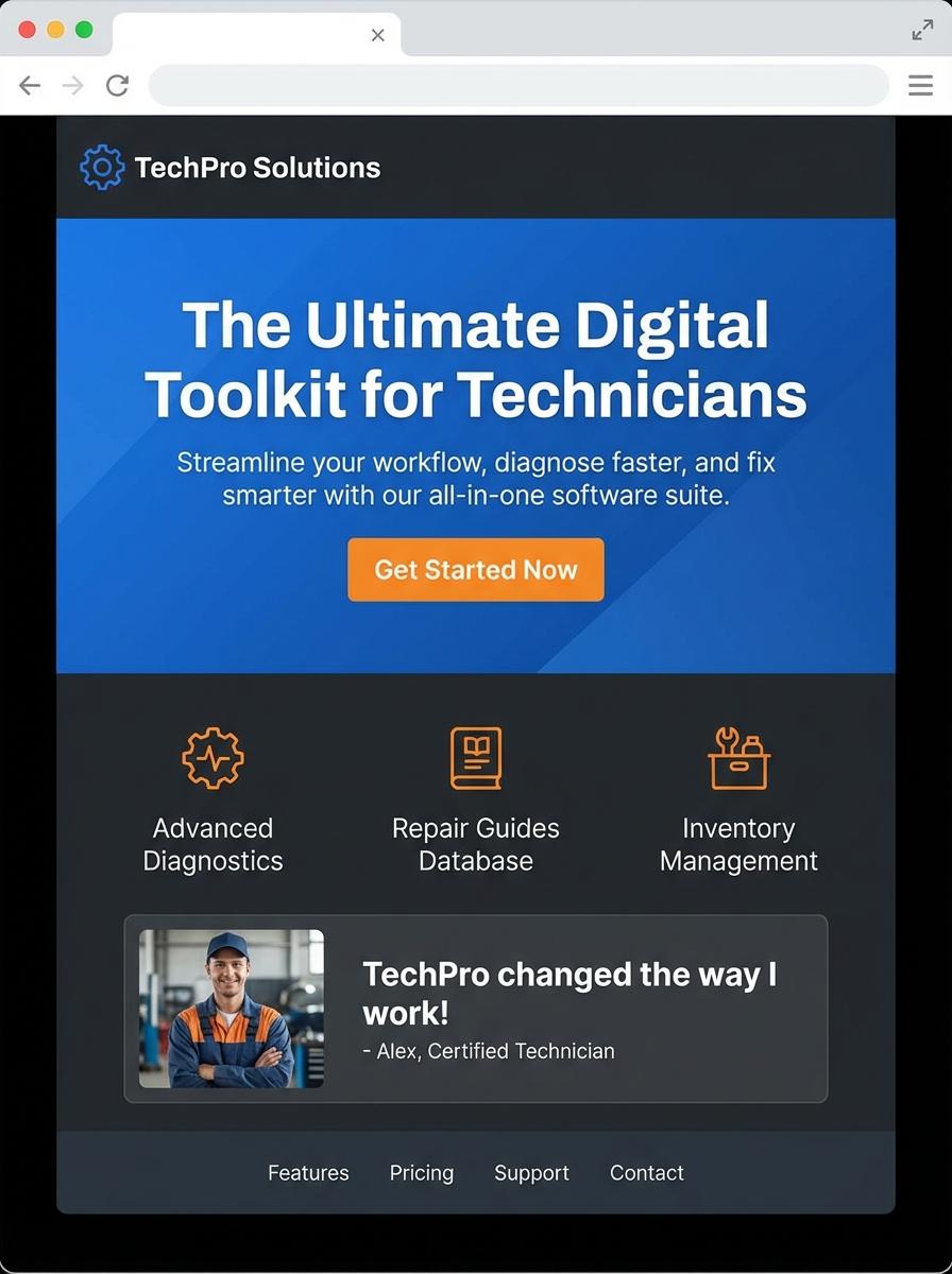 Landing page for digital product Technician