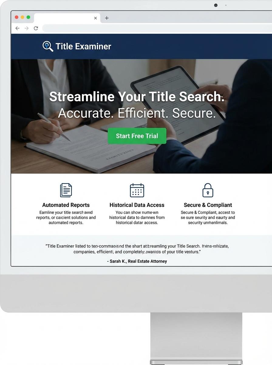 Landing page for digital product Title Examiner