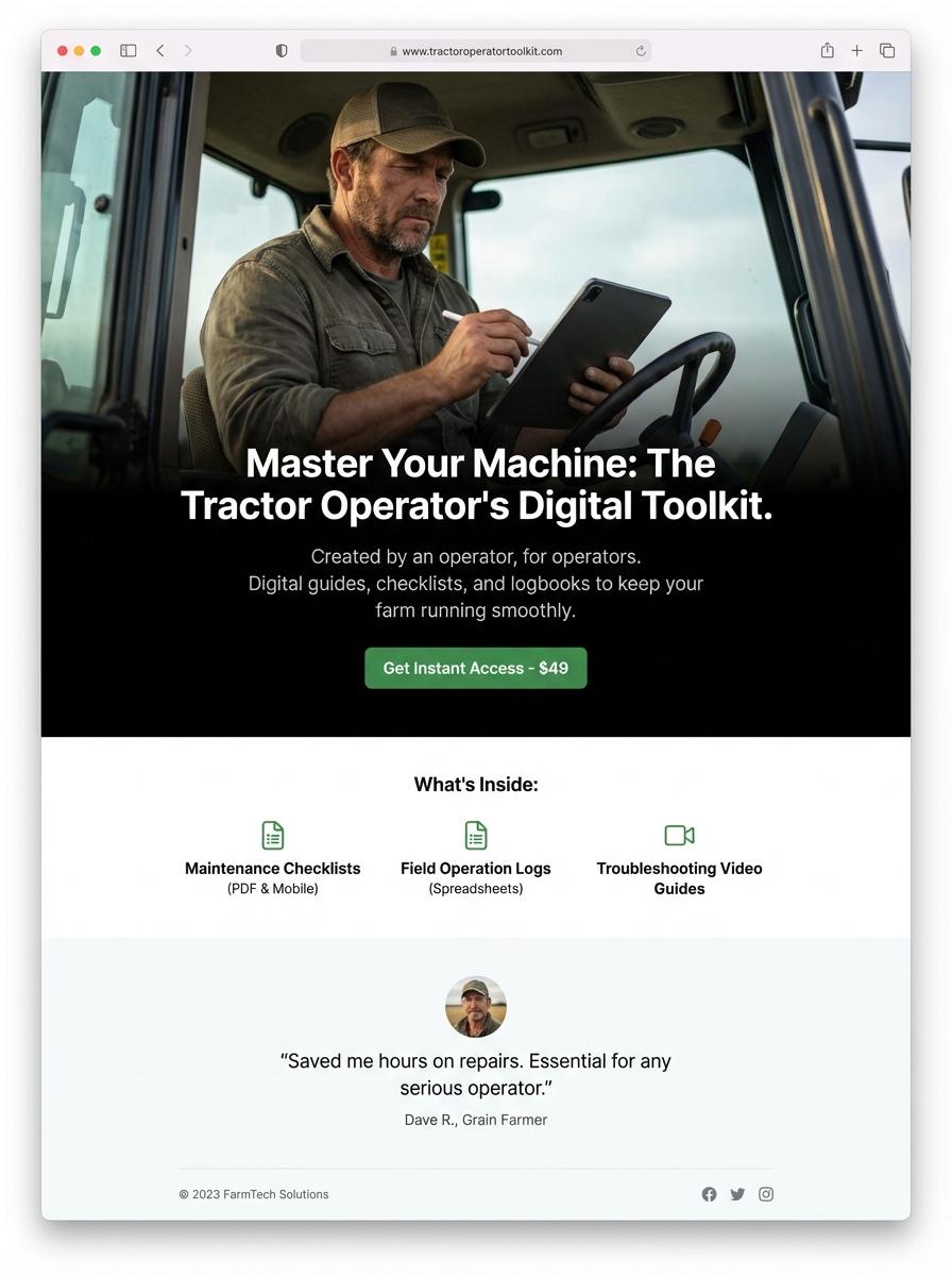 Landing page for digital product tractor operator
