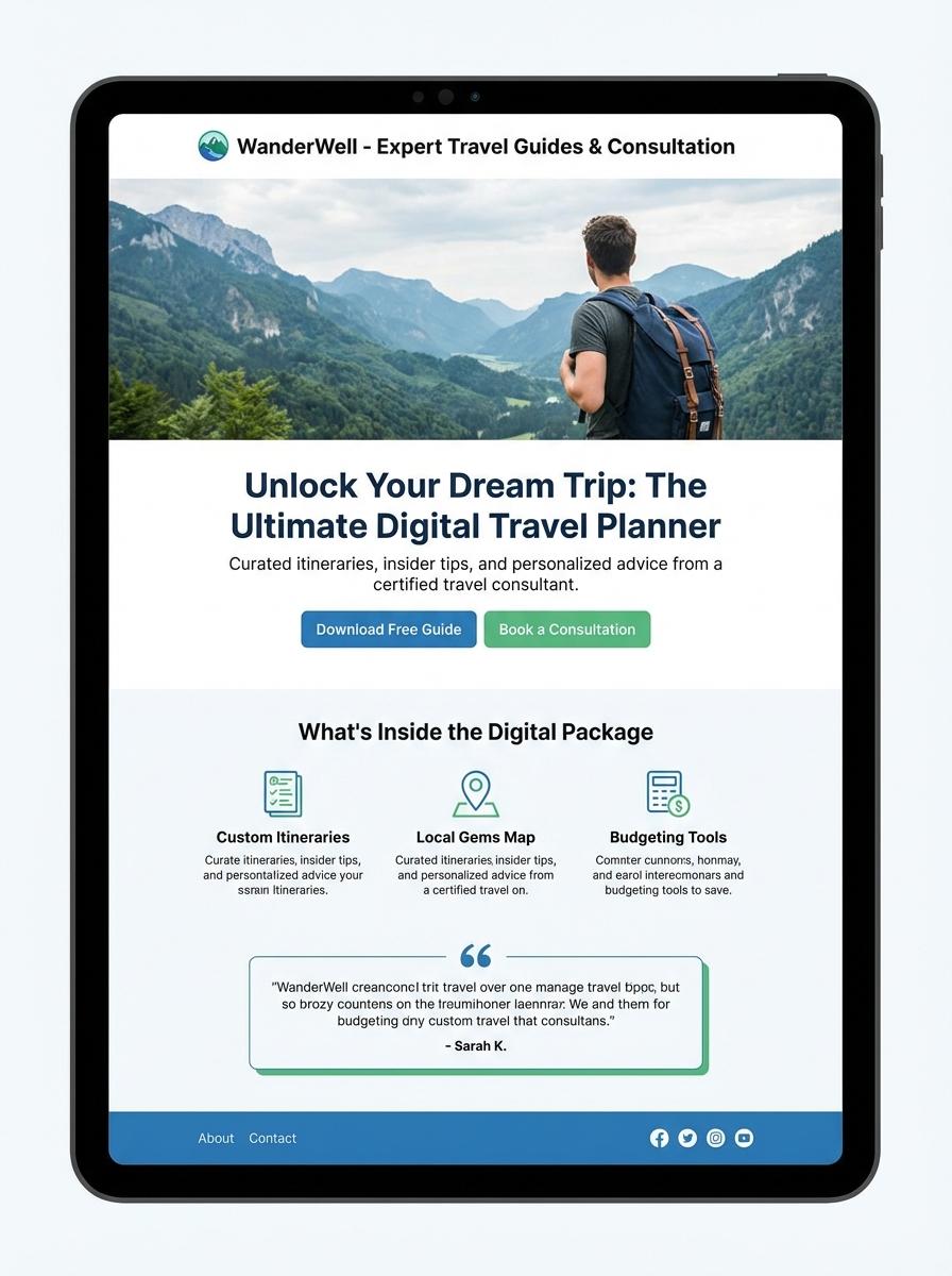 Landing page for digital product Travel consultant