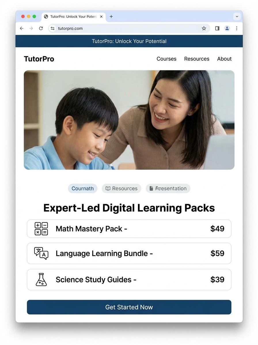 Landing page for digital product Tutor