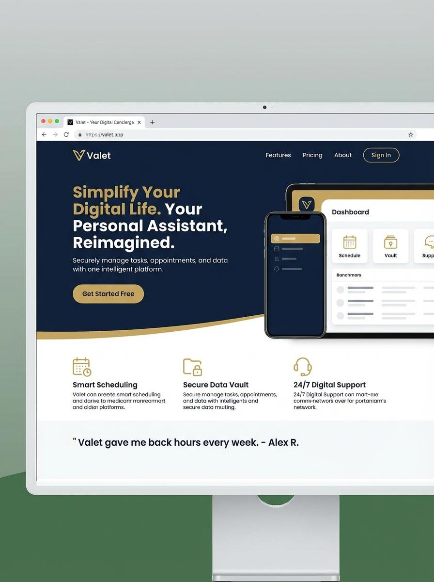 Landing page for digital product Valet