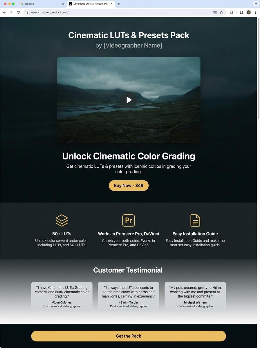 Landing page for digital product videographer