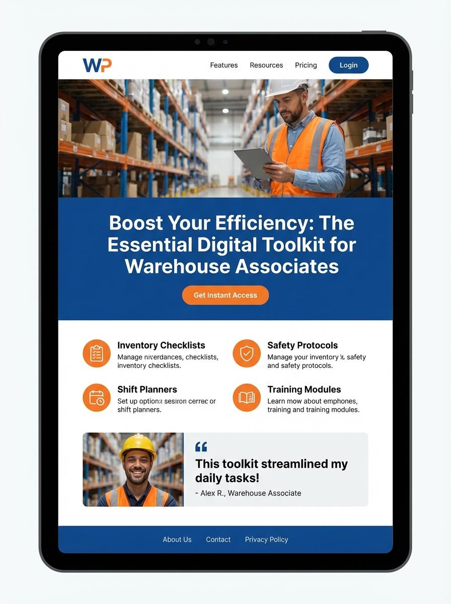 Landing page for digital product Warehouse Associate